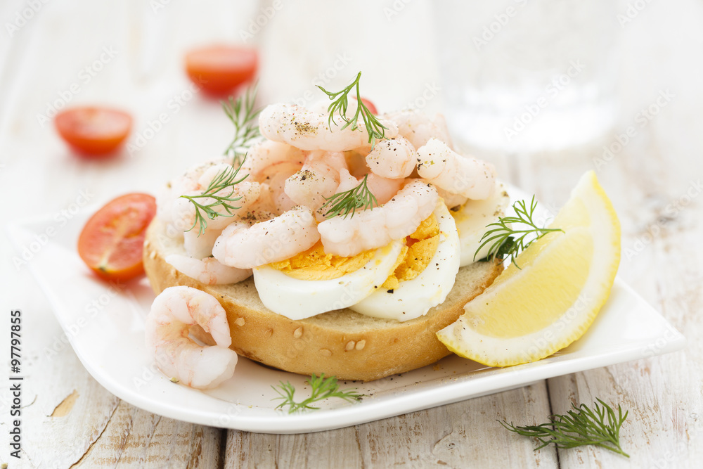 Sandwich with boiled egg and shrimps Sandwich with boiled egg and shrimps