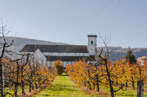 Mariastein, Dorf, Kloster Mariastein, Kloster, Klosterkirche, Obstbäume, Landwirtschaft, Felder, Herbstfarben, Herbst, Schweiz photo