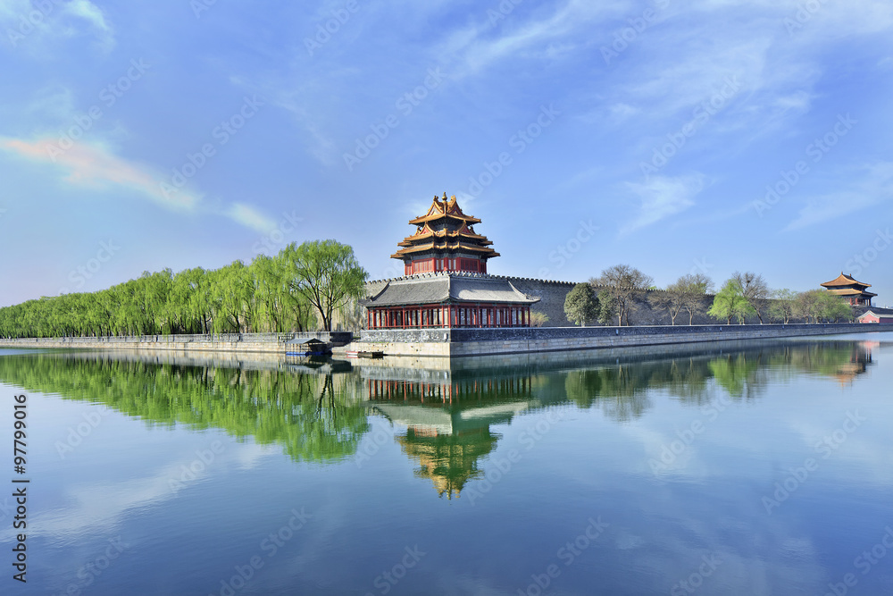 Fototapeta premium World Heritage Site Beijing Forbidden City reflected in its canal.