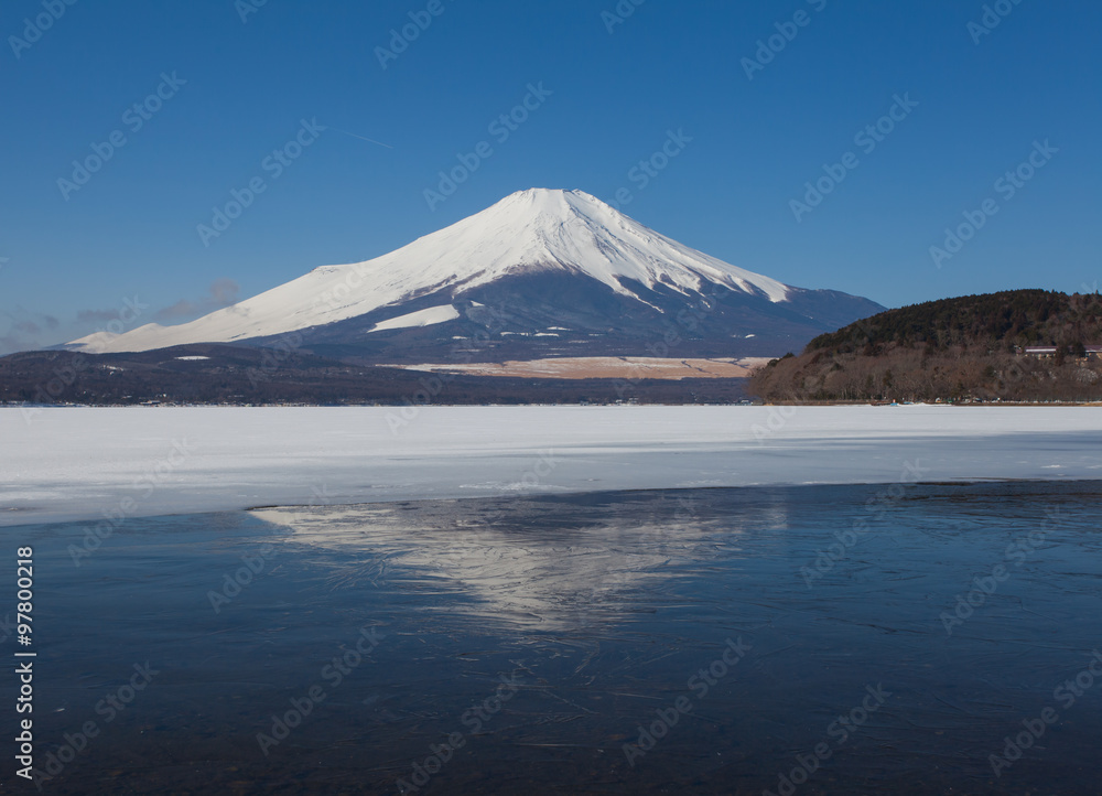 Mountain Fuji and Lake Yamanakako in winter season