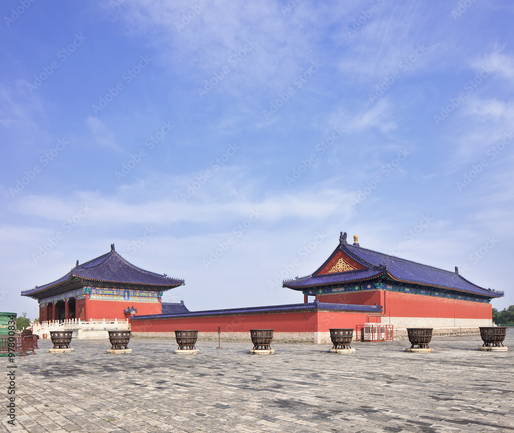 Pavilions connected by a red wall, Temple of Heaven, Beijing, China Pavilions connected by a red wall, Temple of Heaven, Beijing, China