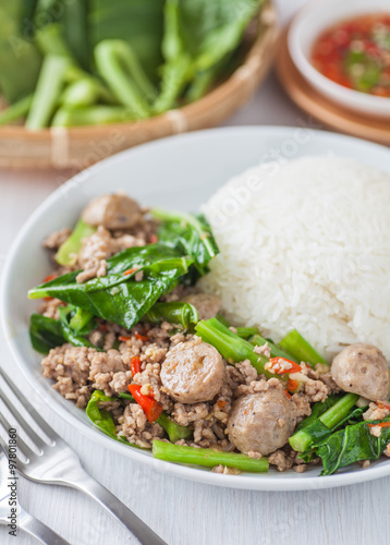 Asian food , Fried chinese broccoli with pork and meat ball