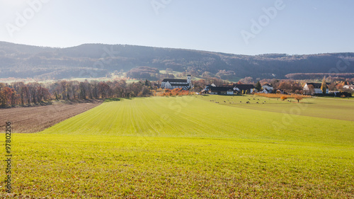 Mariastein, Dorf, Baselbiet, Kloster, Felder, Landwirtschaft, Wanderweg, Spazierweg, Herbstsonne, Herbst, Schweiz photo