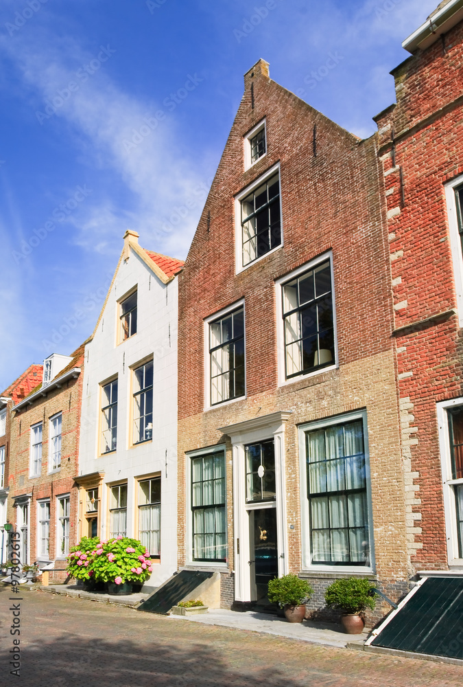 Street with row of ancient brickwork mansions, Veere, Netherlands