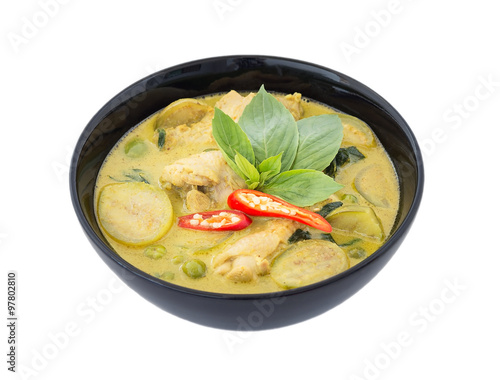 Thai chicken green curry isolated on white background