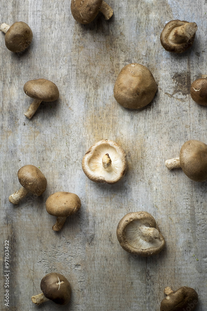 Shiitake mushroom on wooden table Shiitake mushroom on wooden table