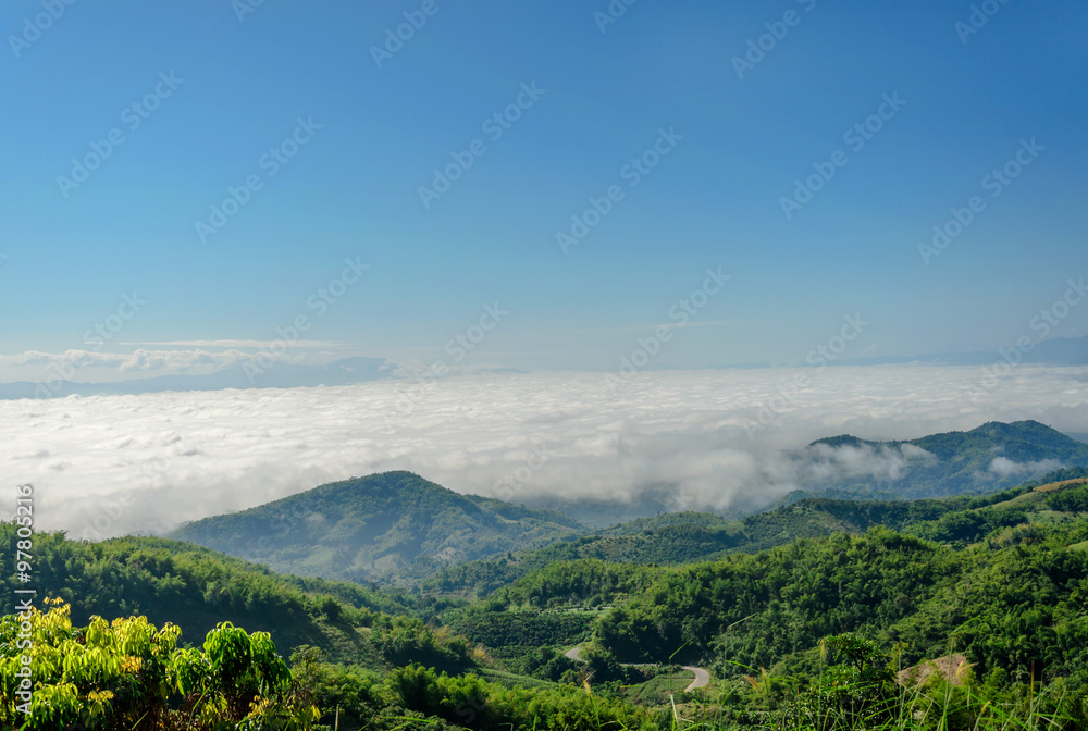 Natural landscape of mountains and sea of mist in the winter season,Thailand