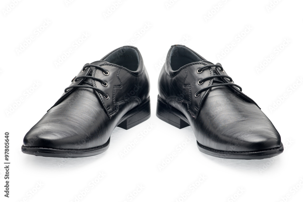 A pair of classical black leather shoes for men, with shoelaces A pair of classical black leather shoes for men, with shoelaces