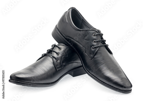 A pair of classical black leather shoes for men, with shoelaces