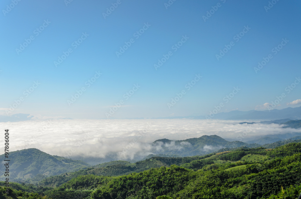 Natural landscape of mountains and sea of mist in the winter season,Thailand