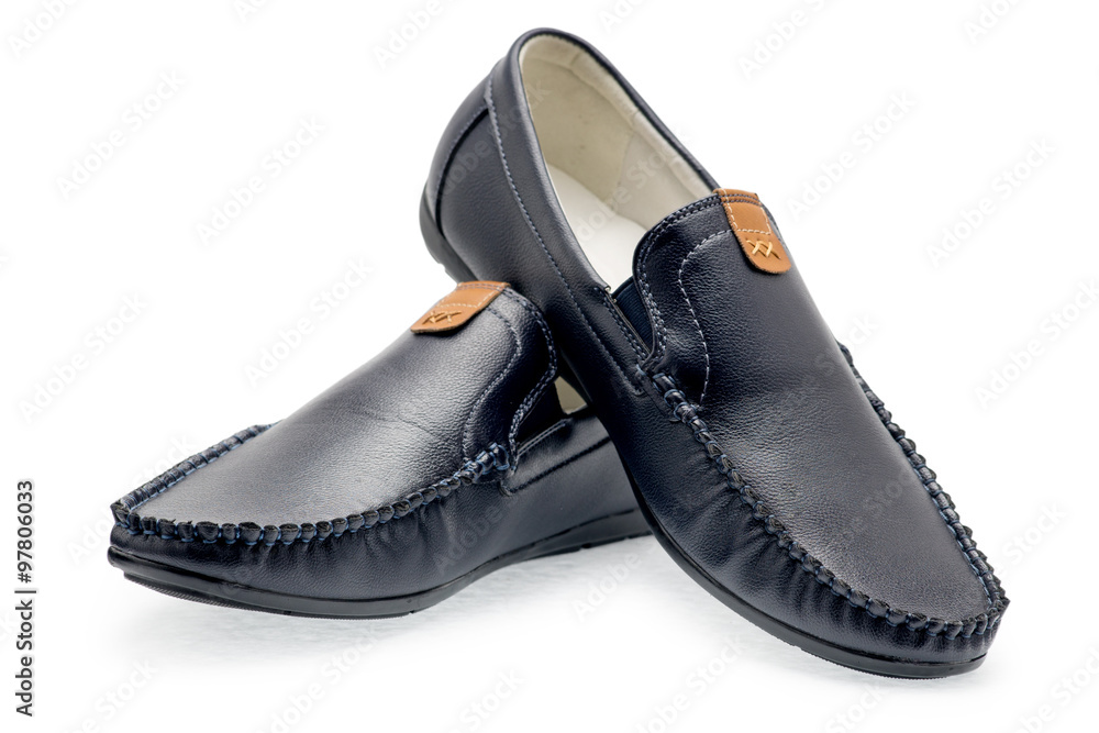 Pair leather dark blue color male moccasins Pair leather dark blue color male moccasins