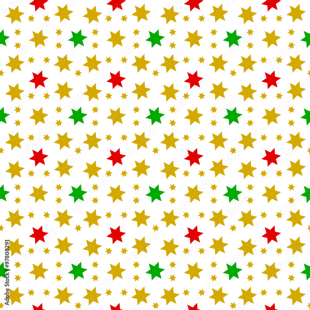 Rote, grüne und goldene Sterne im nahtlosen Muster auf weißem Hintergrund im quadratischen Format