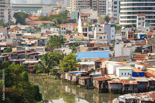 Colorful squatter shacks and houses in a Slum Urban Area in early morning, Ho Chi Minh City, Vietnam