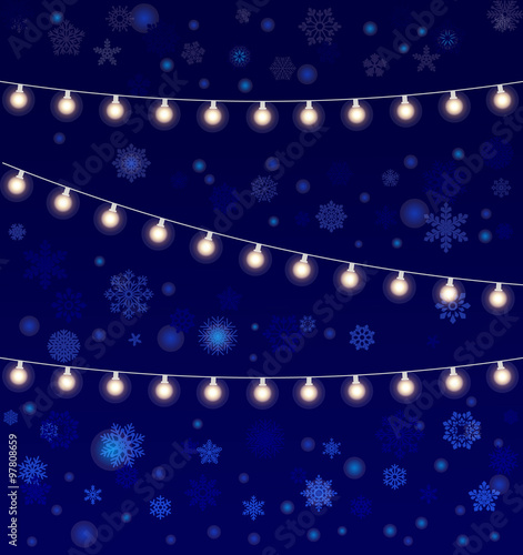 vector realistic lantern garland on dark night sky background with snowflakes