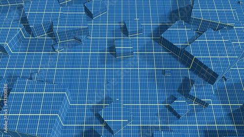 Background from blue print net textured cubes