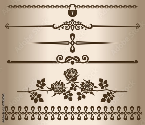 Decorative elements - roses. Design elements - decorative line dividers and ornaments.