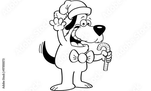 Black and white illustration of a dog holding a candy cane.