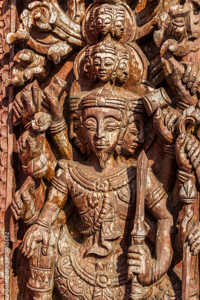 Fototapeta premium the pattern carved wooden doors in the temple thailand