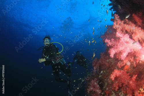 Scuba diver explores coral reef