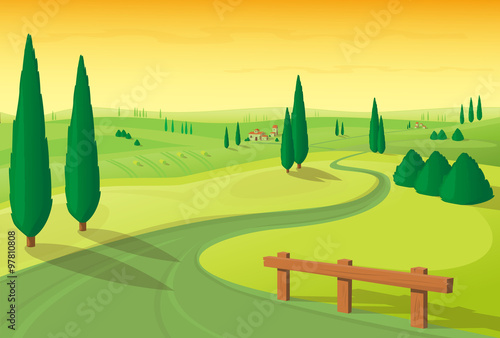 Vector illustration. Landscape hilly plain with road and trees in yellow-green colors