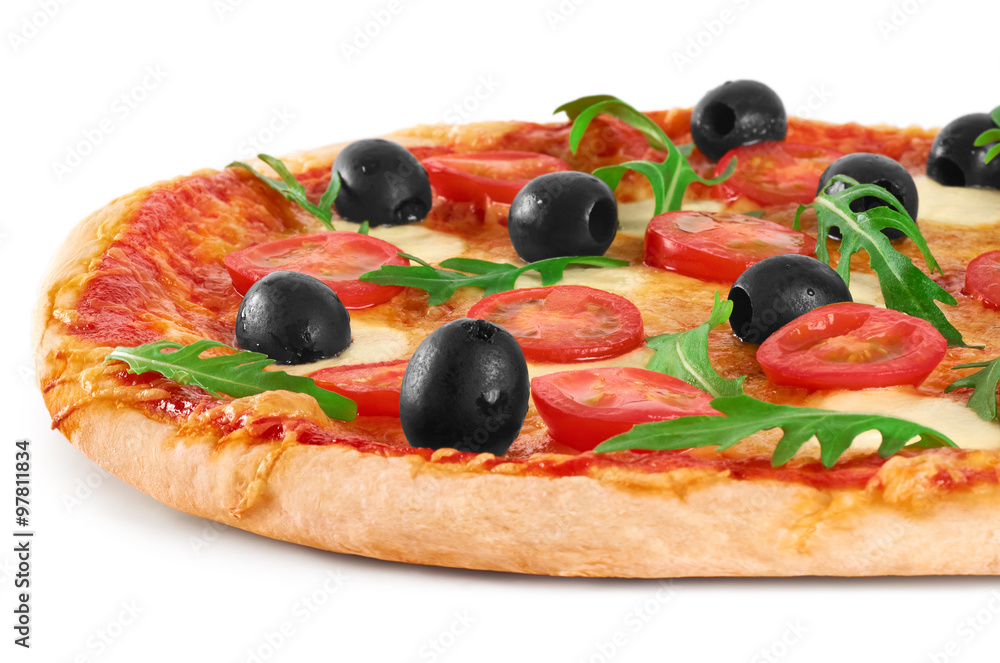 Pizza with mozzarella and arugula. Vegetarian pizza. Pizza with mozzarella and arugula. Vegetarian pizza.