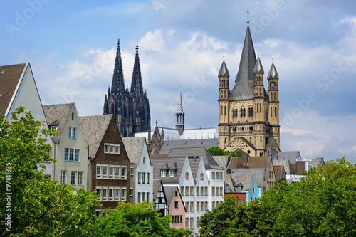 View of the center of Cologne from the Deutz Suspension Bridge, Germany