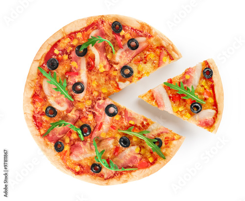 Pizza with bacon and corn on a white background.