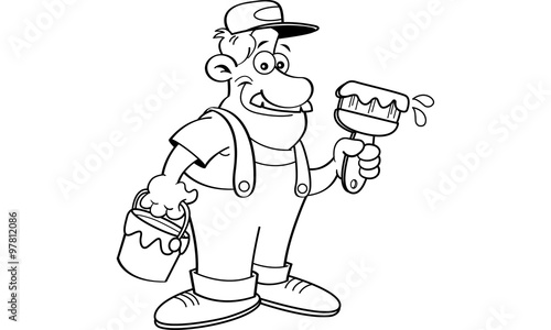 Black and white illustration of a painter holding a paint can and a paint brush.