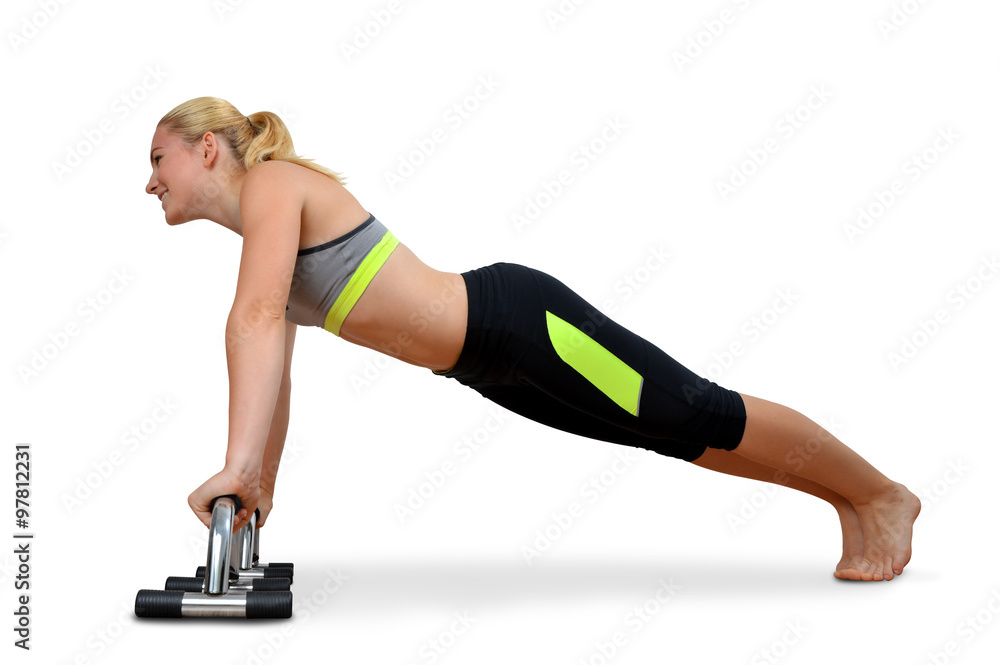 Girl exercising workout fitness aerobic. Pectoral muscles exercises.