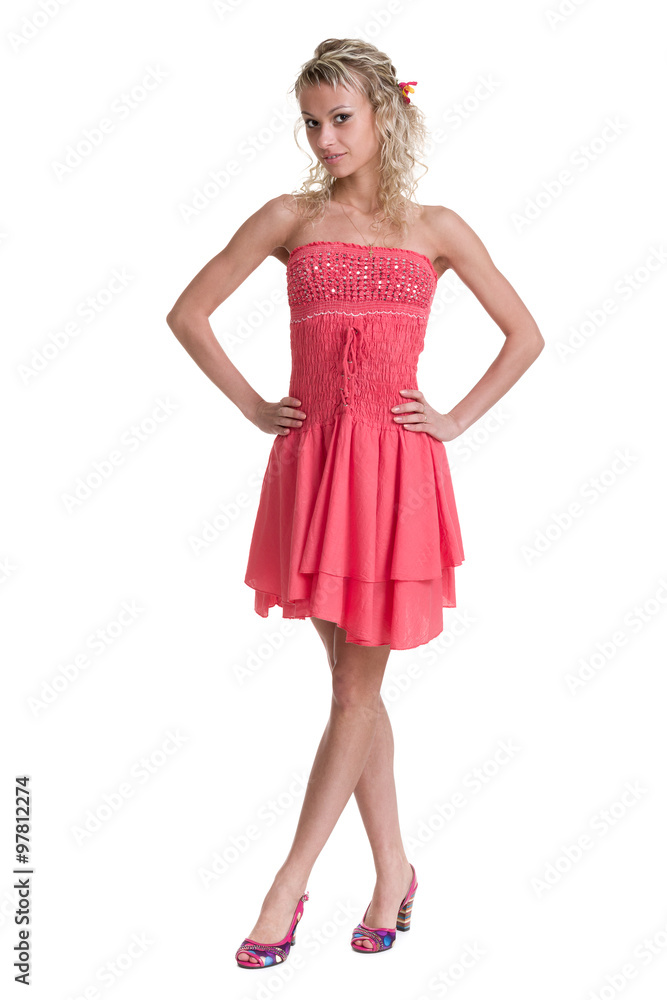 Beautiful Busyness Blonde in red dress isolated on white