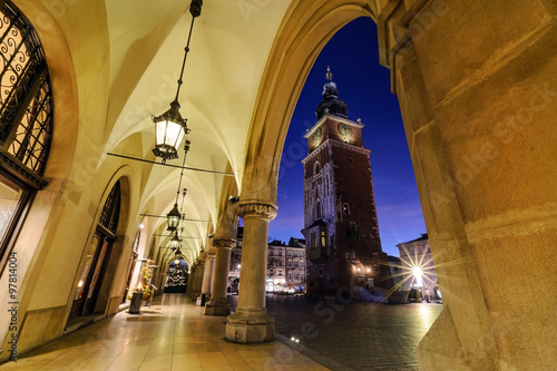 Tower of the Town Hall decorated by the christmas lights. Krakow