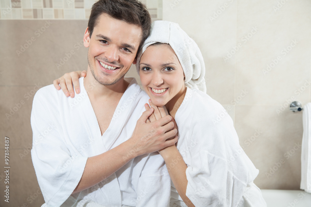 Man and woman hugging in bathroom Man and woman hugging in bathroom