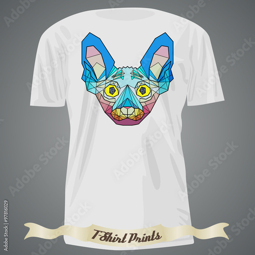 T-shirt design with Colorful Head of Cat breed sphinx in linear