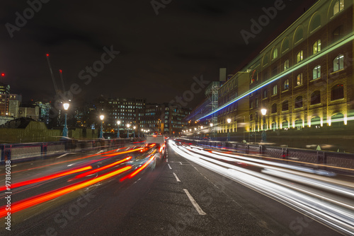 Traffic light trails in central London at night