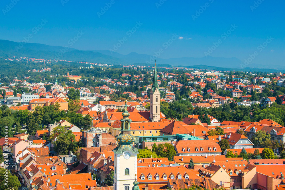 City of Zagreb, Croatia, church towers and colorful rooftops, aerial view