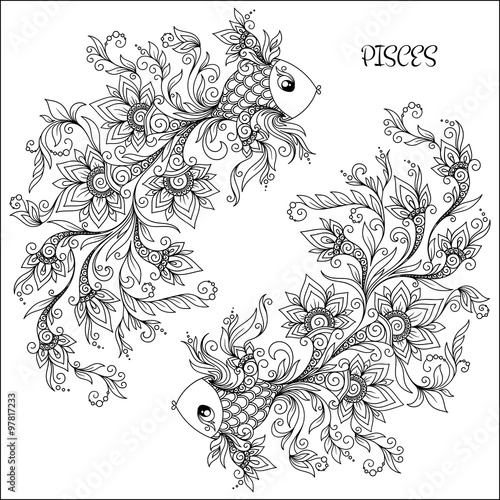 Hand drawn pattern for coloring book zodiac Pisces.