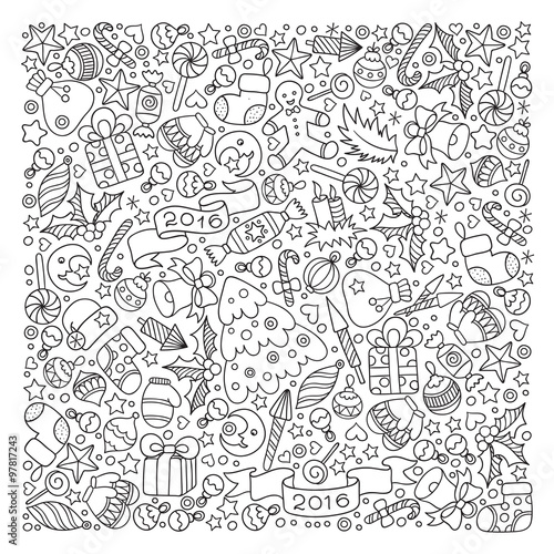 Pattern for coloring book. Christmas hand-drawn decorative eleme