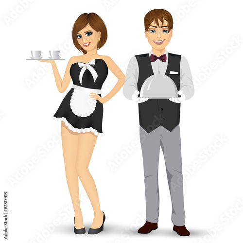 butler holding silver tray and maid serving coffee