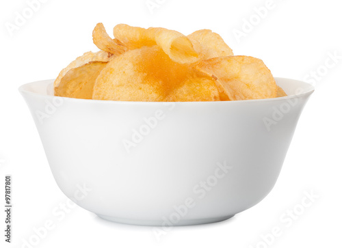 Potato chips in bowl isolated on white