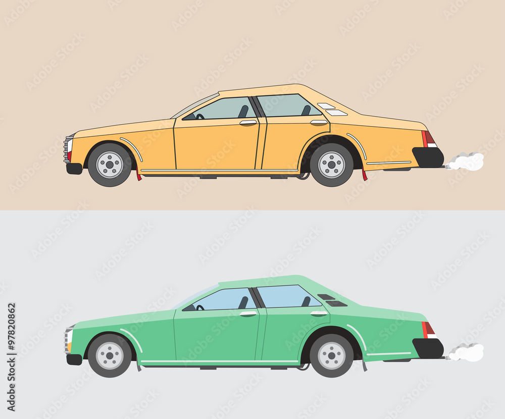 Old cars, yellow and green