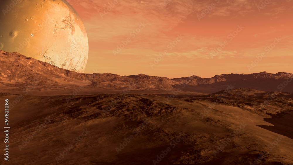 Naklejka premium Red planet with arid landscape, rocky hills and mountains, and a giant Mars-like moon at the horizon, for space exploration and science fiction backgrounds.