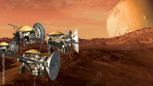 Canvas Print Unmanned spacecraft probes scouting a Mars like red planet, for space exploration and science fiction backgrounds