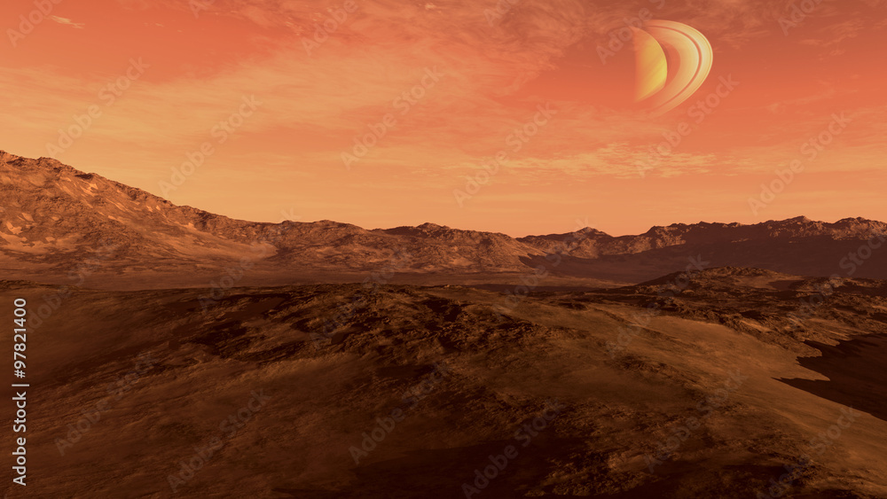 Obraz premium Red planet with arid landscape, rocky hills and mountains, and a Saturn-like moon, for space exploration and science fiction backgrounds