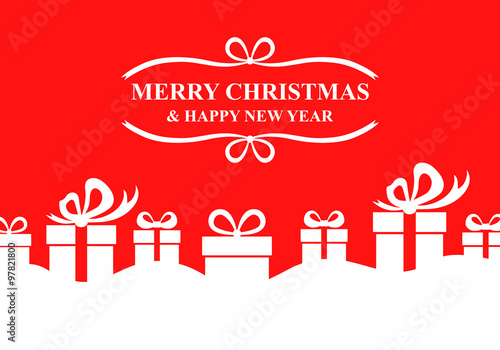 Greeting Christmas card with gifts on red background