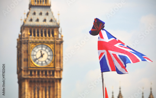 Big Ben in London and English flag - toned picture