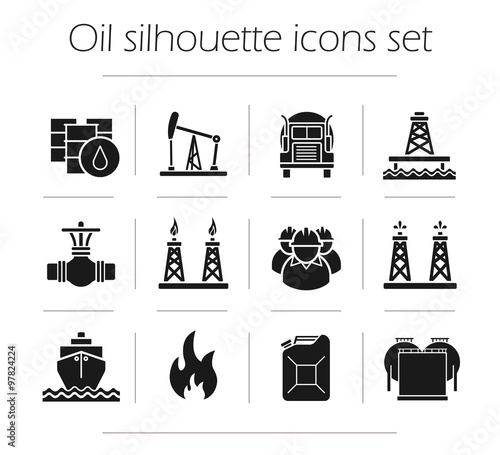Oil production silhouette icons set