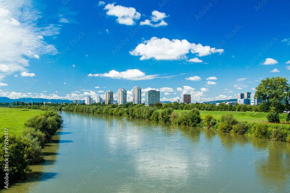 Fototapeta premium River Sava and Zagreb modern skyline, summer midday