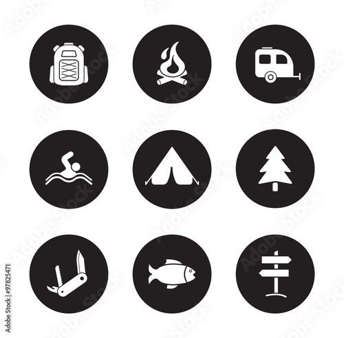 Camping and tourism black icons set