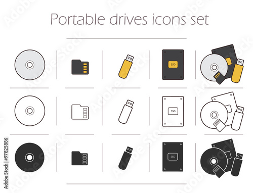 Portable drives icons set