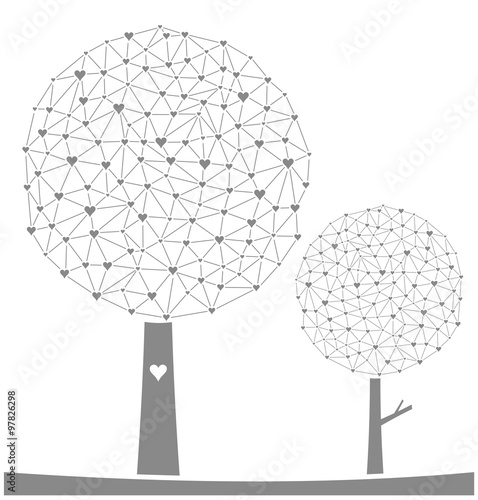 Illustration with trees. Vector, hearts